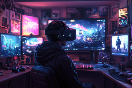 Gamer immersed in futuristic VR gaming setup with multiple screens displaying vibrant cyberpunk cityscapes.