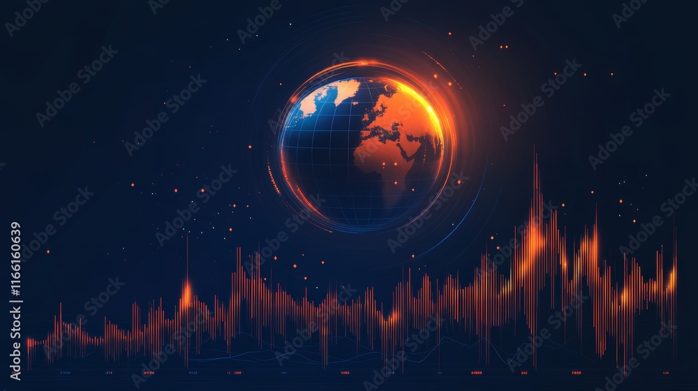 Poster visual representation of global data trends with an artistic globe and fluctuating graphs in dark bl