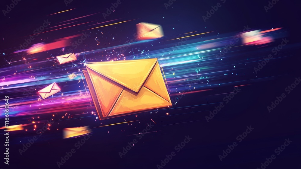 Poster colorful envelopes accelerating through a vibrant digital space representing fast communication and 