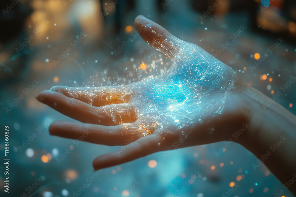 Poster a glowing digital network emerges from an open palm, symbolizing technological innovation and connec