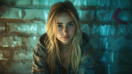 Fototapeta premium A young woman with long blonde hair and blue eyes wearing a denim jacket poses confidently in an urban setting with a gritty, graffiti-covered wall backdrop