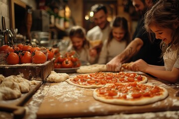 Family enjoys making pizzas together in cozy kitchen during evening