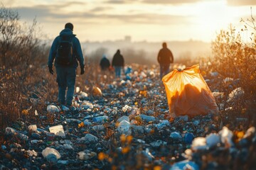 Community volunteers clean up littered area during sunset while promoting environmental awareness