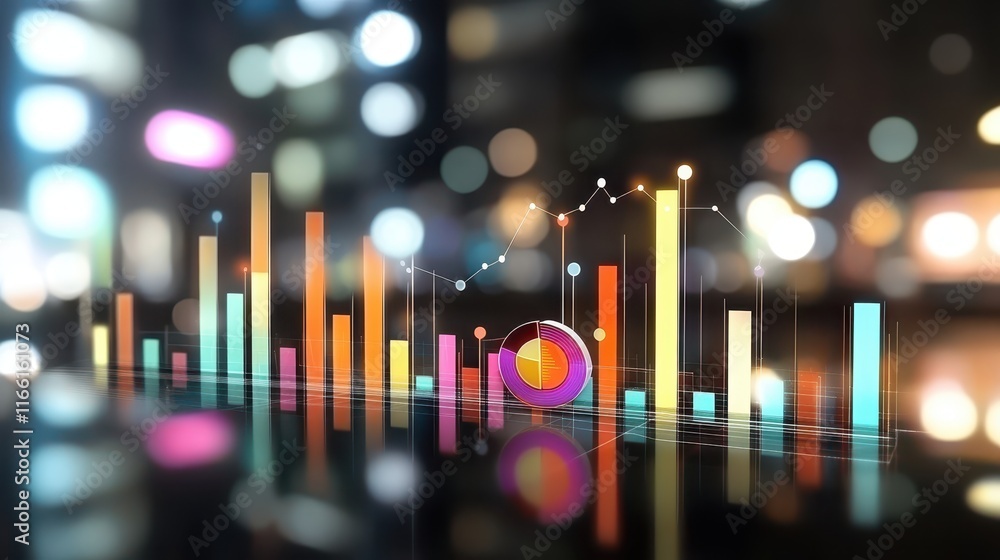 Poster colorful bar chart with light reflection, data visualization for business growth and analytics