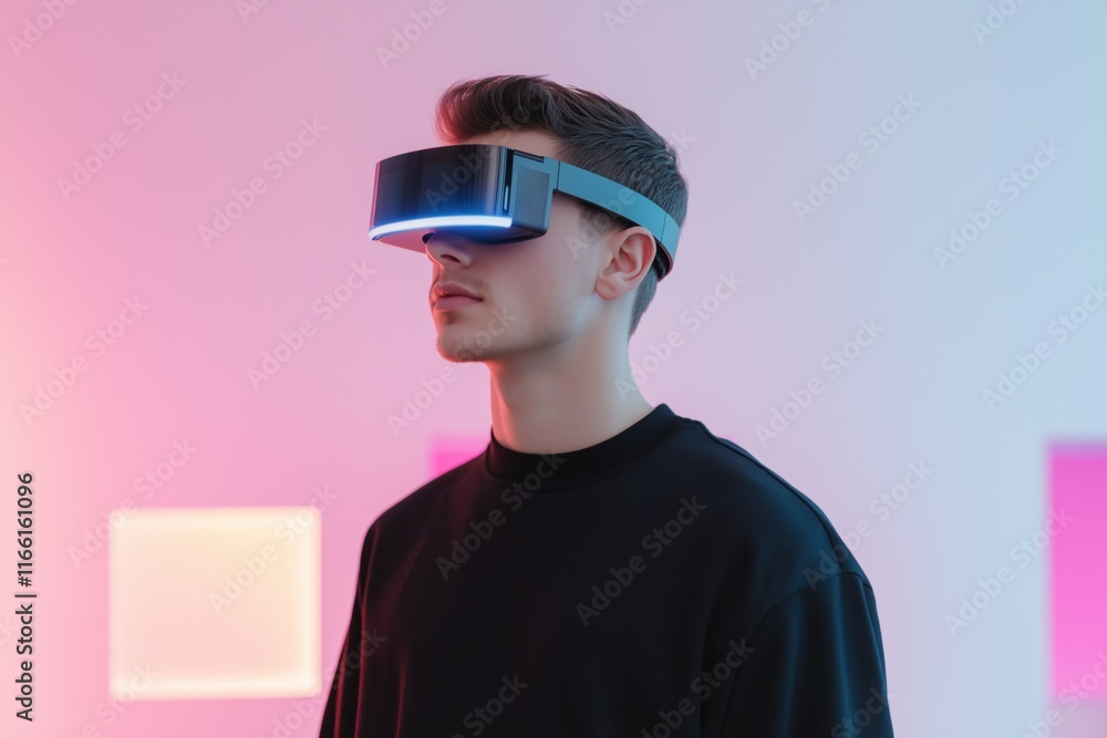 Poster a man wearing a virtual reality headset is standing in front of a wall with colorful squares. concep