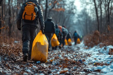 Volunteers clean up the environment by collecting litter in the winter wilderness near a forest trail