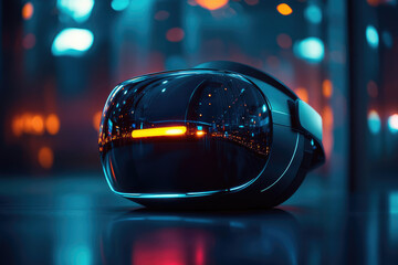 Futuristic VR headset reflecting city lights, showcasing advanced technology and immersive experiences.