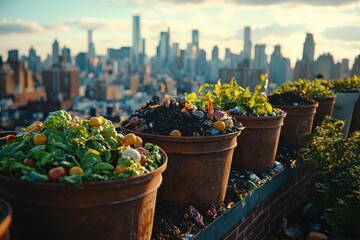 Urban rooftop garden showcasing vibrant plants and skyline during sunset in a bustling city