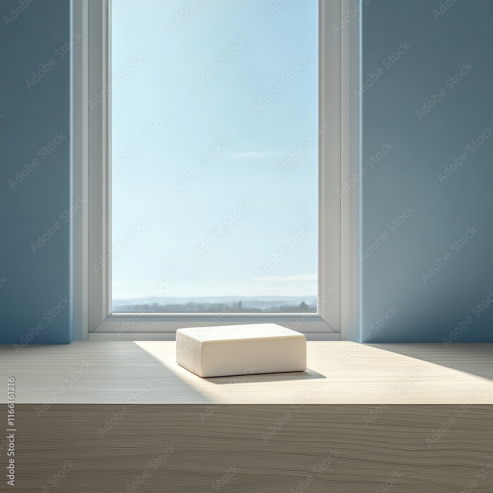 Poster soft light illuminates a single block of cream-colored material on a wooden surface against a clear 