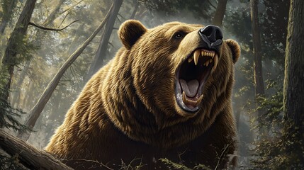 A grizzly bear roaring in the forest