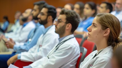A group of focused medical students attending a lecture on contemporary medicine and healthcare innovations at a university auditorium