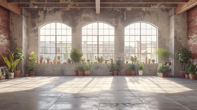 Interior view of a spacious industrial-style room with large sunlit windows lined with a diverse array of potted plants on a serene afternoon