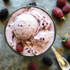 Delicious Bowl of Mixed Berry Ice Cream Served With Fresh Raspberries and Blackberries on a Rustic Table