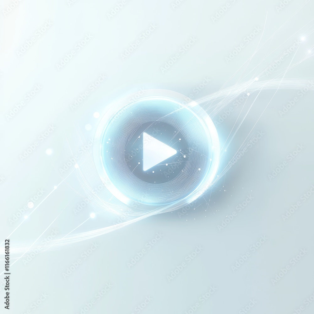 Poster circular play button with glowing effects on a soft background, symbolizing digital media and techno