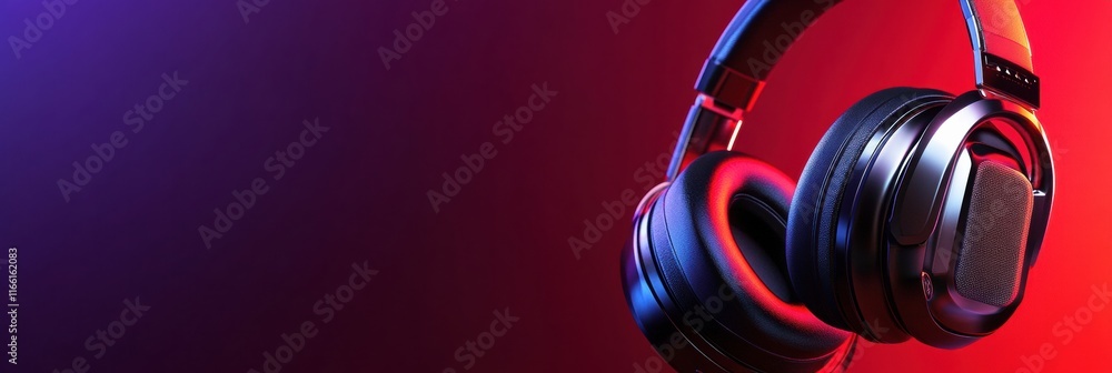 Poster close up view of stylish headphones against a vibrant gradient background showcasing modern audio te