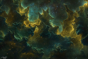 Breathtaking nebula, cosmic clouds of gold and teal swirling in a star-filled expanse; perfect for science fiction, fantasy, or space exploration themes.