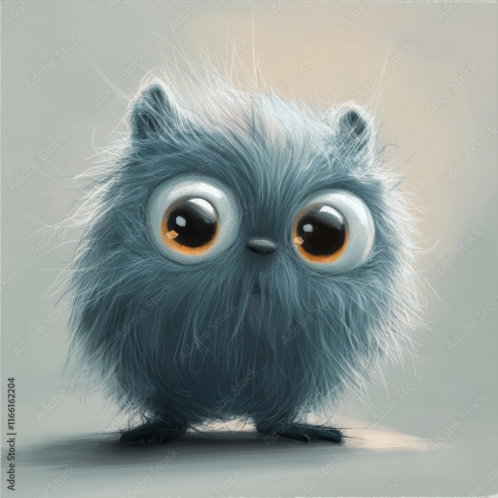 Poster fluffy creature with large eyes looking curiously at the viewer in a softly lit environment