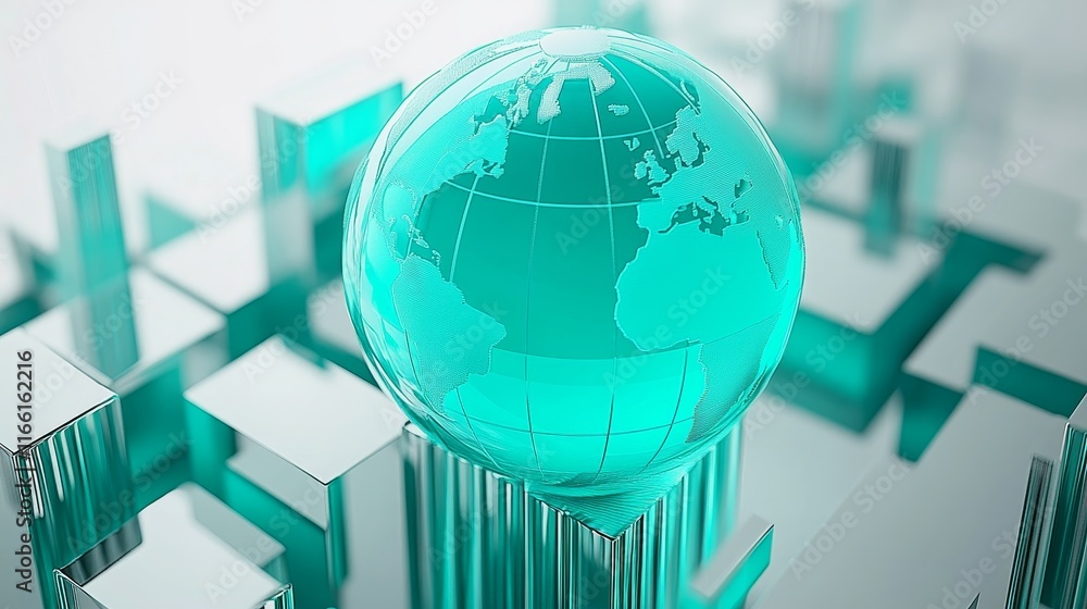 Poster digital globe surrounded by reflective structures representing global connectivity and modern techno