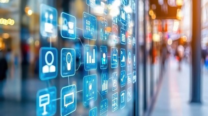 Interactive glass panel, modern touchscreen interface with illuminated icons for seamless digital signage and intuitive user experience