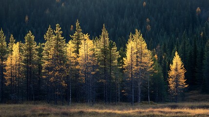 Obraz premium Golden larches illuminate a dark coniferous forest at sunset.