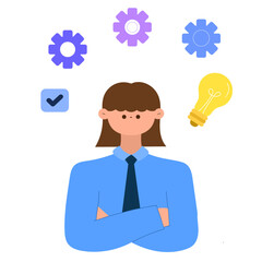 businesswoman with gears, lightbulb, and checklist symbolizing problem solving and innovation flat vector illustration