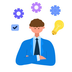 businessman with gears, lightbulb, and checklist symbolizing problem solving and innovation flat vector illustration