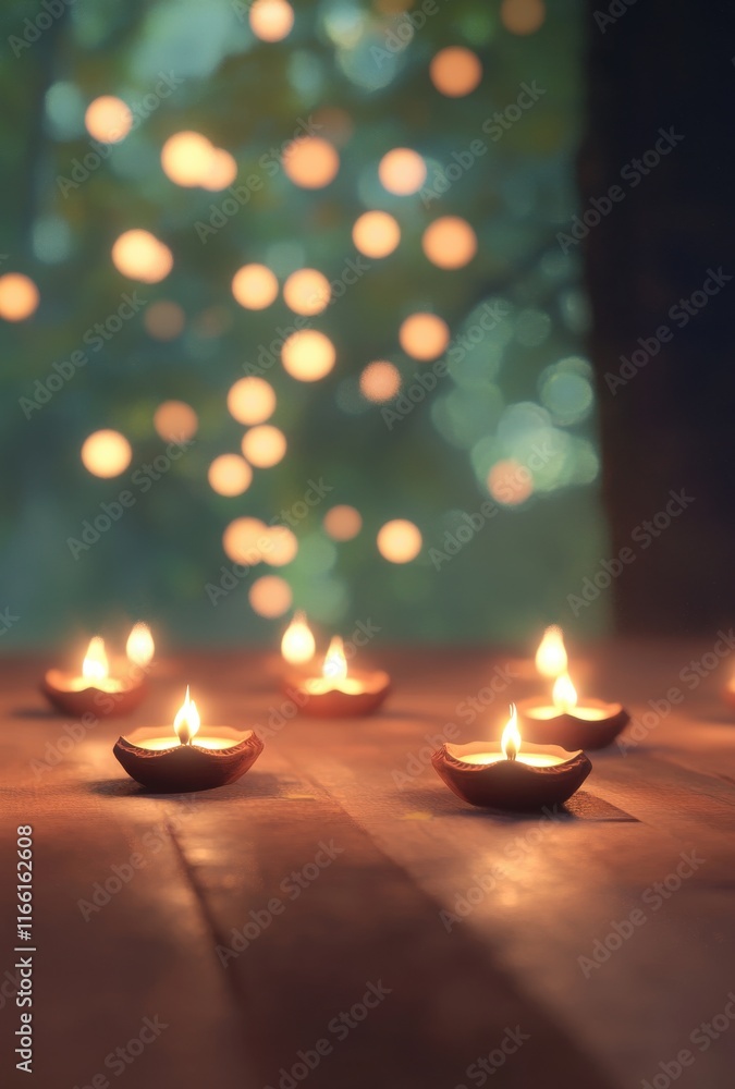 Aufkleber gentle illumination from floating candles on wooden surface amidst shimmering bokeh lights creating 