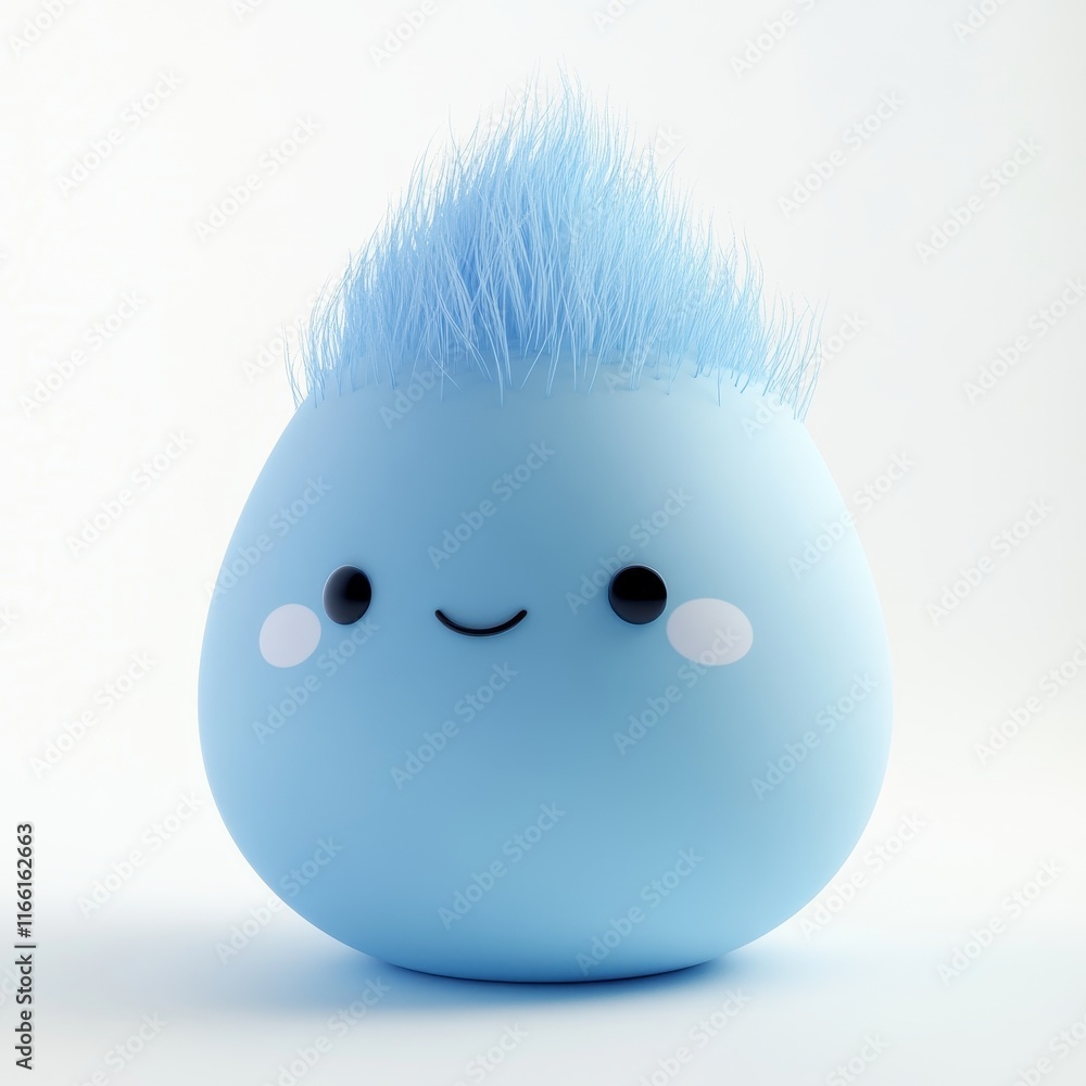 Poster cute blue character with fluffy hair showcasing a cheerful expression in a minimalistic setting emph