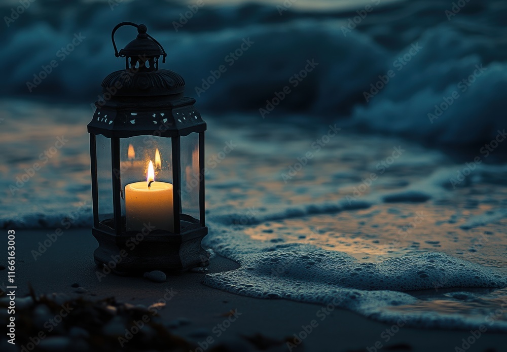 Poster Illuminated Candle Lantern on Shore at Dusk with Gentle Waves Approaching and Soft Blue Tones Creating a Serene and Tranquil Atmosphere