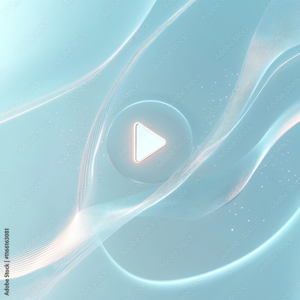 Poster smooth flowing waves with a play button symbol on a light blue background, suggesting a calm and inv