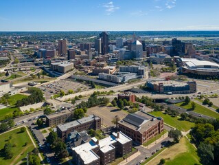 High-angle view of downtown St Paul Cityscape with roads, buildings, and parks. A vibrant urban scene. Downtown, Saint Paul, Minnesota, United States
