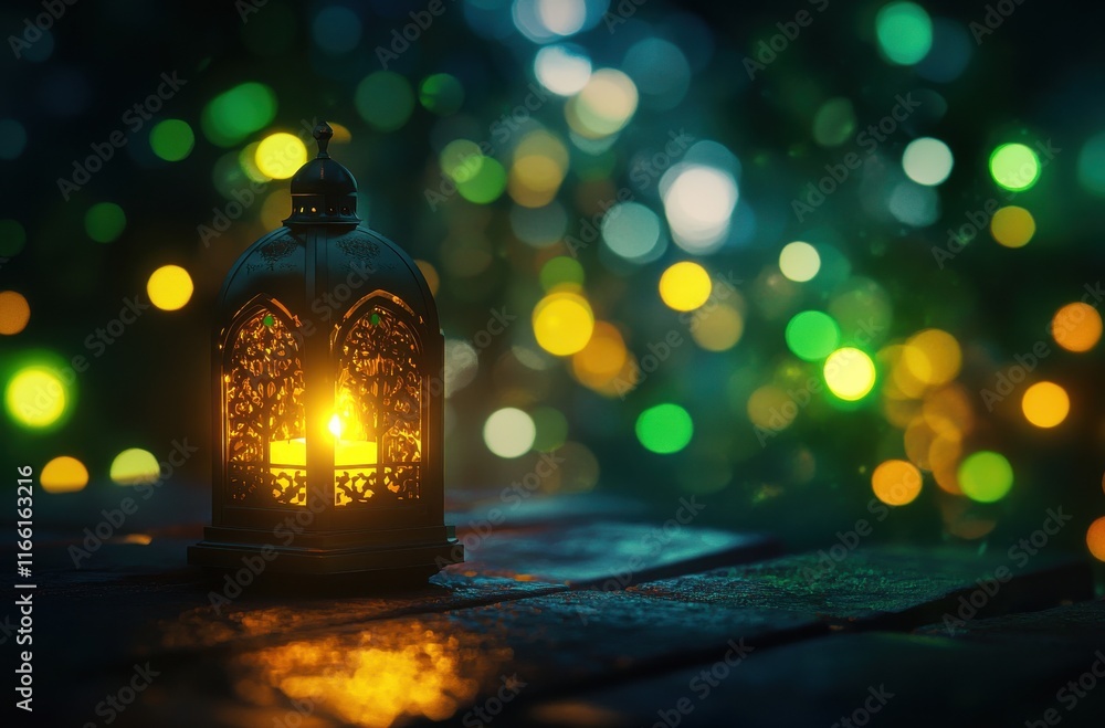 Poster illuminated lantern with intricate designs shining against a soft bokeh background of colorful light