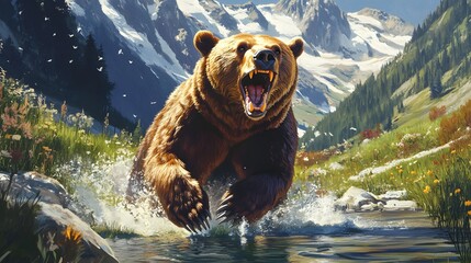 A grizzly bear roaring in the forest