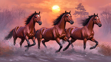 Majestic chestnut horses gallop through a tranquil sunset scene, their manes flowing, creating a breathtaking display of equine beauty and freedom.
