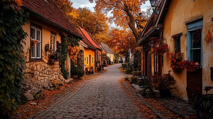 Fototapeta premium Cobblestone street in autumn, lined with colorful historic houses and vibrant fall foliage.