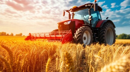Obraz premium Sunset Over Wheat Field with Tractor in Action