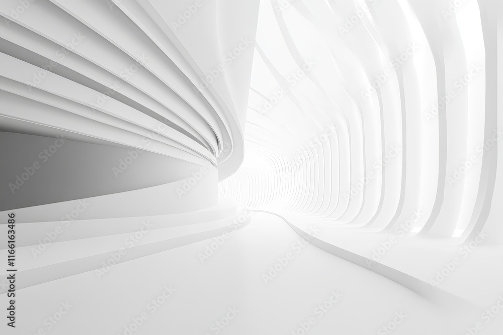 Poster white abstract tunnel with smooth curves and light at the end, creating a serene and expansive atmos