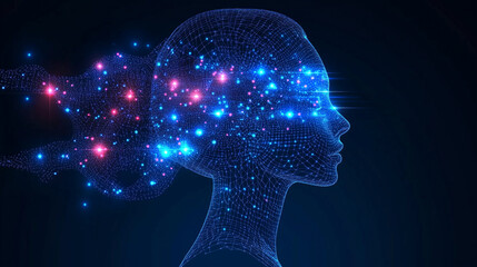 Futuristic digital head with glowing neural network patterns, representing artificial intelligence, technology, and innovation.