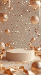 Elegant Celebration Setup With a Neutral Pedestal and Golden Decorations, Perfect for an Event or Special Occasion Featuring Glitter and Shimmering Elements