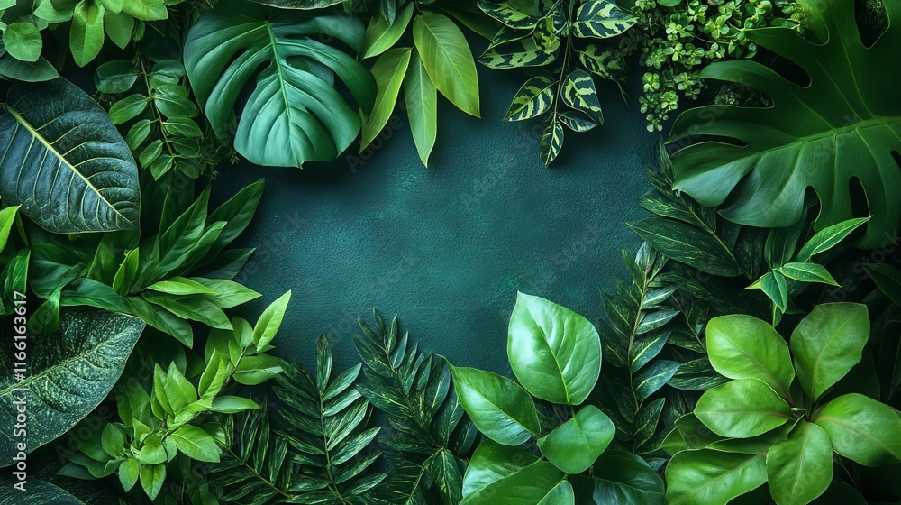 Poster bright green foliage arranged in a natural frame creating a lush backdrop for design or presentation