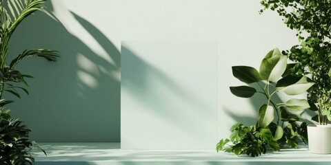 Green Indoor Space With Plants Casting Shadows on a Blank Canvas Against a Minimalist Backdrop, Perfect for Creative Presentations or Artistic Displays