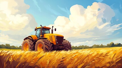 Fototapeta premium Vibrant Farming Scene with Yellow Tractor and Blue Sky