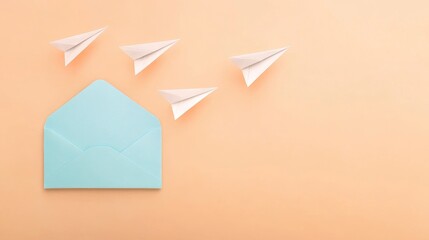 Creative Paper Airplanes Flying From a Blue Envelope Against a Soft Peach Background During a Bright Afternoon