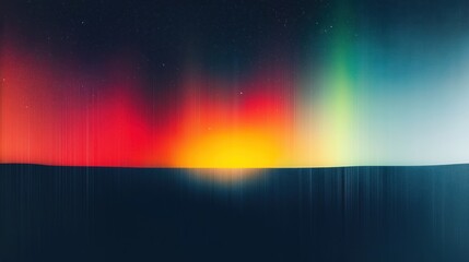 Naklejka premium Abstract aurora borealis display at night sky. Vivid colors gradient transition from dark blue to red, red to green. Soft yellow light effect enhances colors. Atmospheric scene with minimal design,