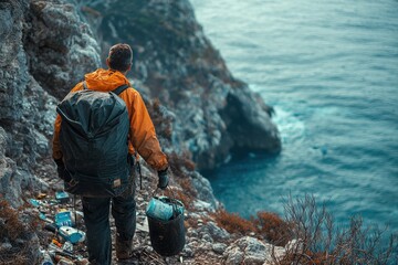 Hiker collecting trash along a rugged coastline in early morning light during an environmental cleanup mission