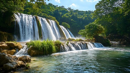 Lush green forest waterfall cascading into a tranquil pool.