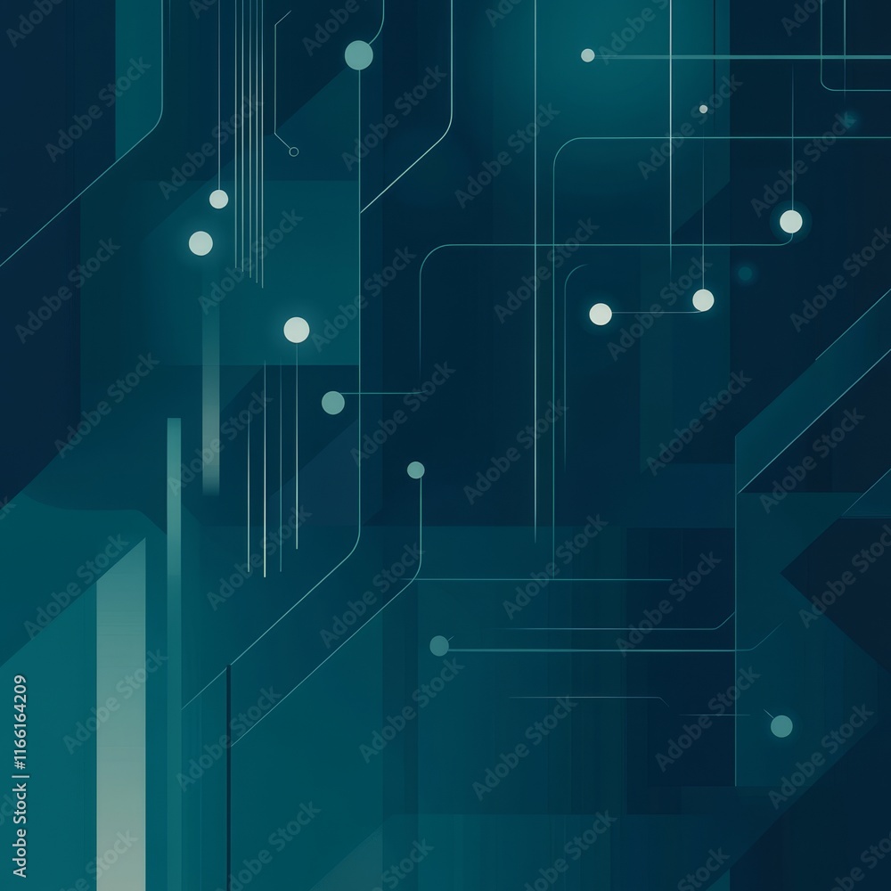 Poster modern abstract digital art featuring geometric patterns and circuit-like designs in shades of teal 