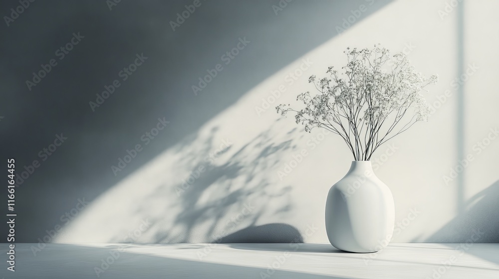 Poster elegant white vase with delicate flowers casting soft shadows in a minimalist setting filled with na