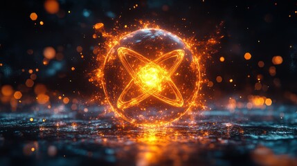 Fiery atomic sphere glowing on dark surface with sparks.