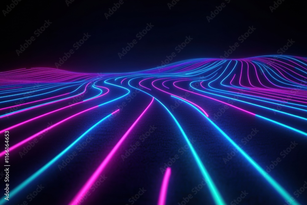 Poster glowing neon lines create an abstract landscape in vibrant hues of blue and pink against a dark back